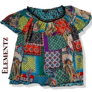 Elementz Womens Bohemian Chiffon Patchwork Blouse Top Hippie Unique Size 2XL